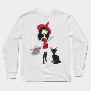 Girl witch with black cat Long Sleeve T-Shirt